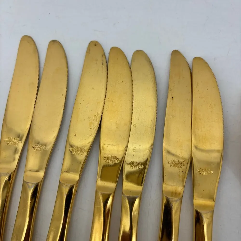 Vassar Nasco Stainless Steel Flatware Gold Tone Wheat Leaves 80s Knifes Forks